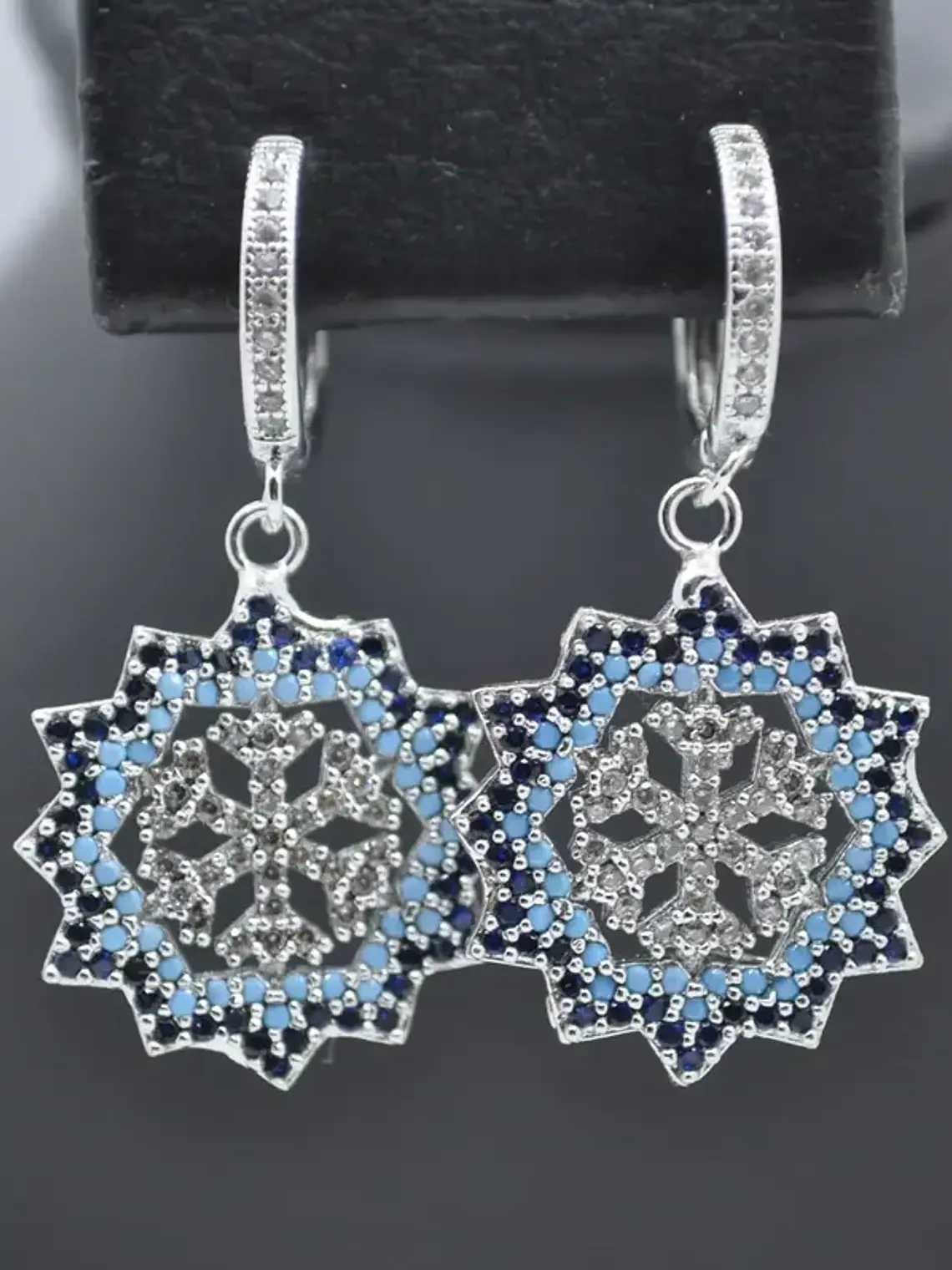 Aretes Colgantes Copo De Nieve Con Circones Azules 2