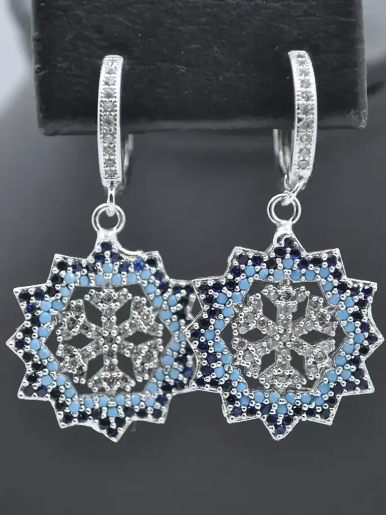 Aretes Colgantes Copo De Nieve Con Circones Azules 2