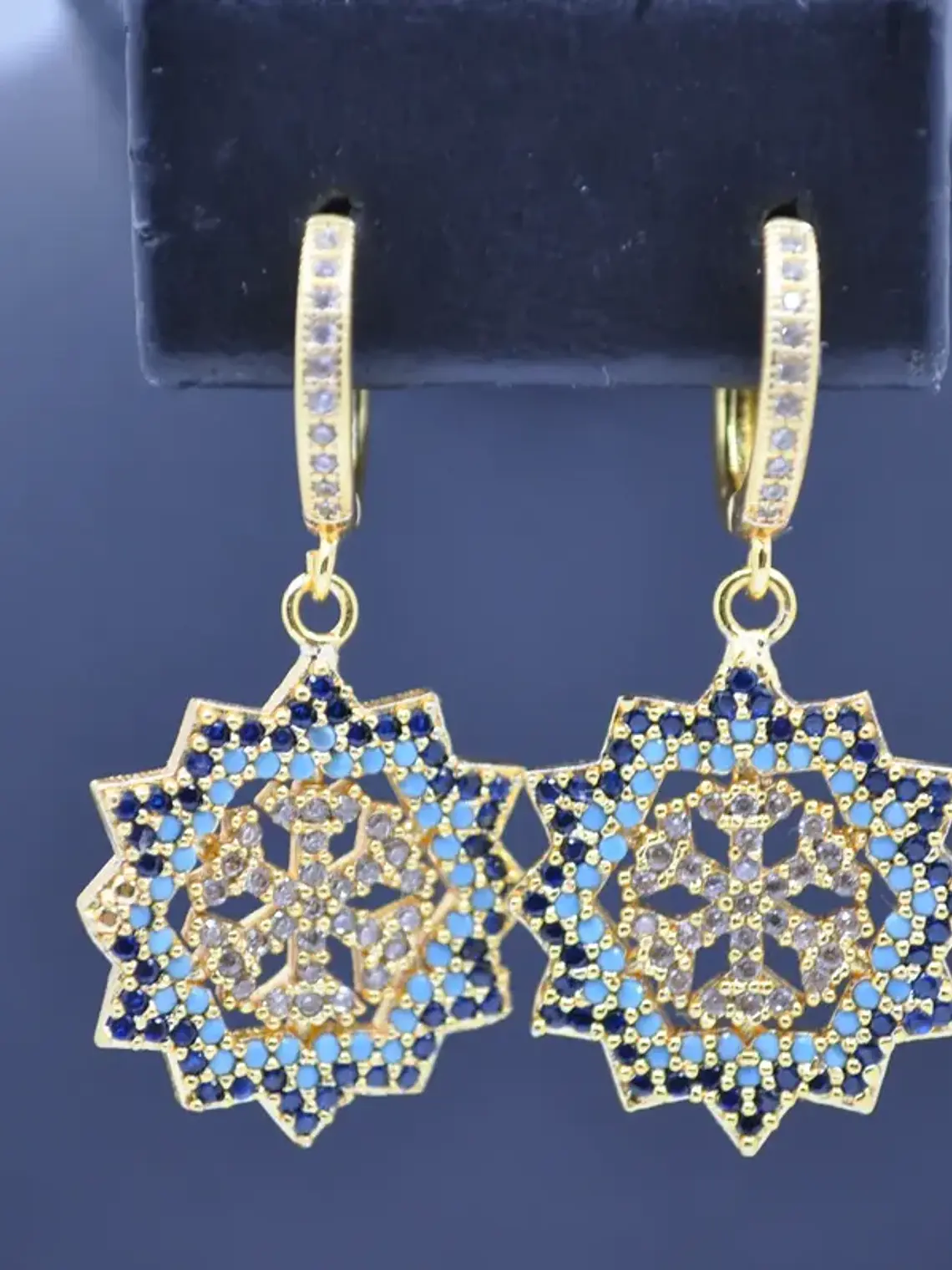 Aretes Colgantes Copo De Nieve Con Circones Azules 5