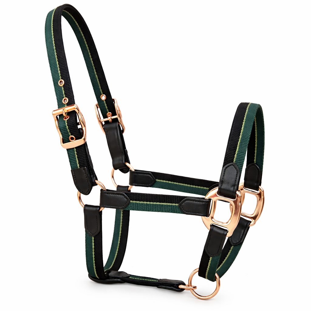 Jáquima Nylon Verde con Cuero y Herrajes Rose Gold – Full 1