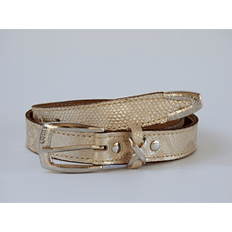 Cinturón cuero modelo pitón dorado hebilla metálica color plata