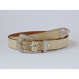 Cinturón cuero diseño pitón color crema y hebilla metálica color plata