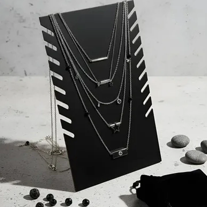 Exhibidor Mostrario 8 Cadenas Collar Terciopelo Negro Plano 2