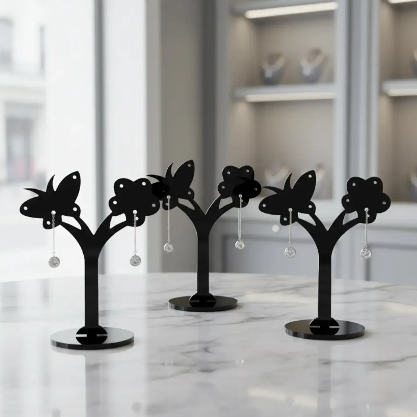 Set 3 Exhibidores Aros Colgantes Acrilico Modelo Mariposa 11