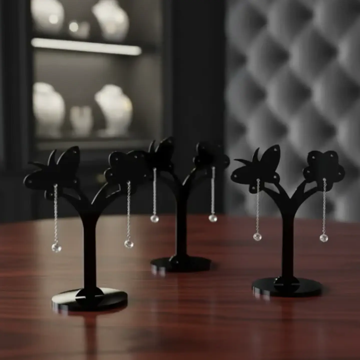 Set 3 Exhibidores Aros Colgantes Acrilico Modelo Mariposa 14