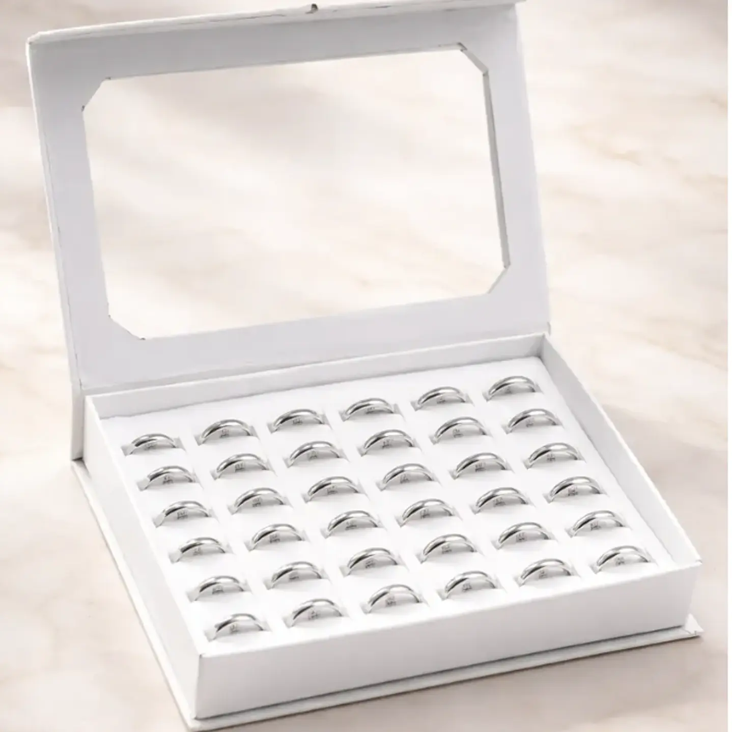 Caja Anillos Ilusión 3mm Acero Platea 36 Unds Med #17 Al #21 1