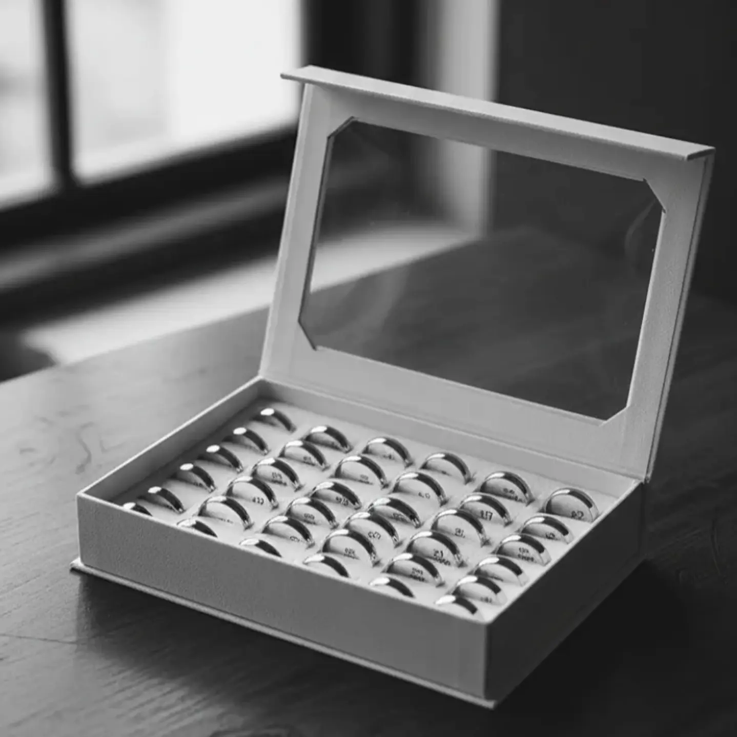 Caja Anillos Ilusión 8mm Acero Platea 36 Unds Med #17 Al #22 1