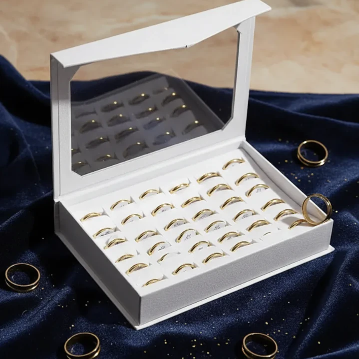 Caja Anillos Ilusión 3mm Acero Dorado 36 Unds Med #17 Al #21 8