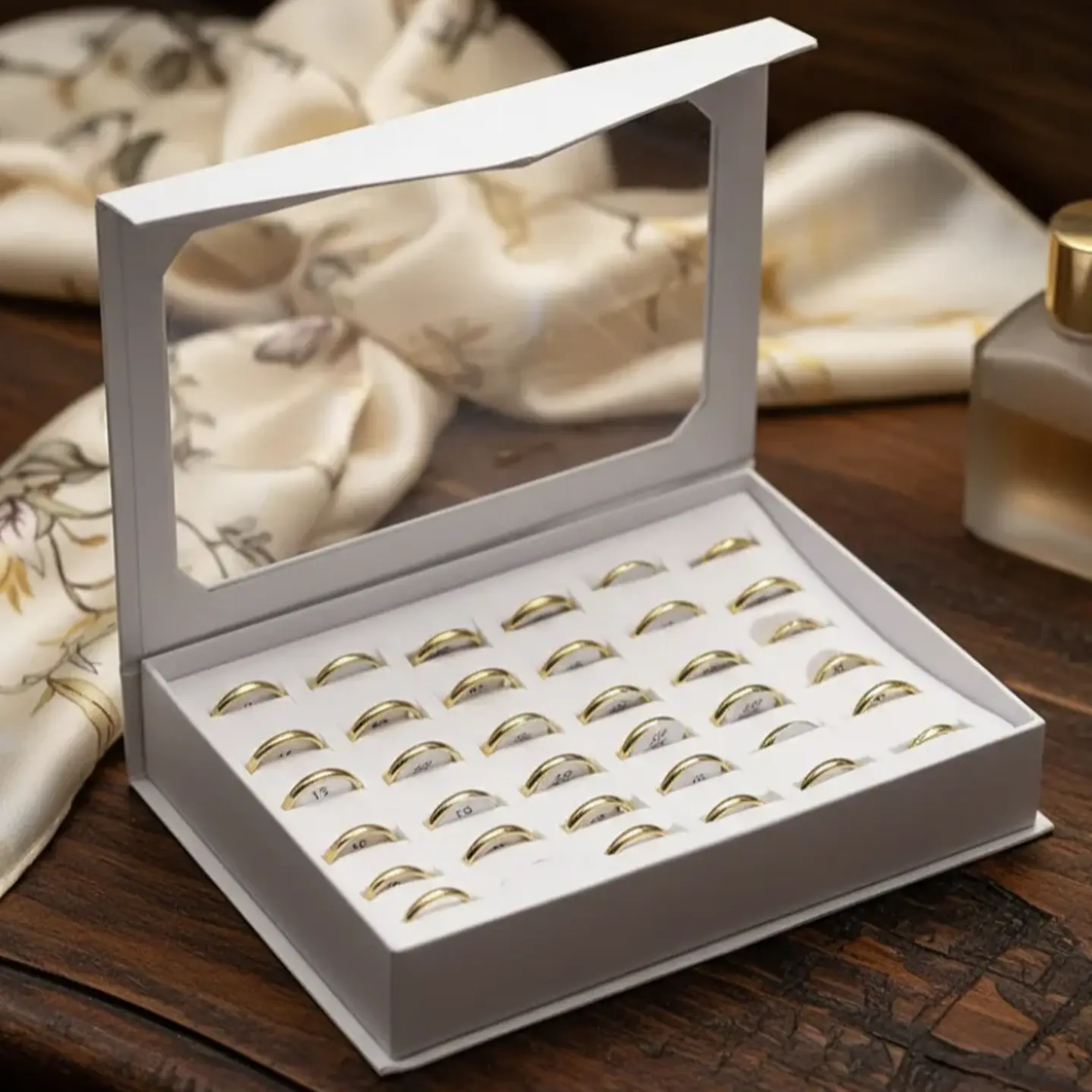 Caja Anillos Ilusión 3mm Acero Dorado 36 Unds Med #17 Al #21 10