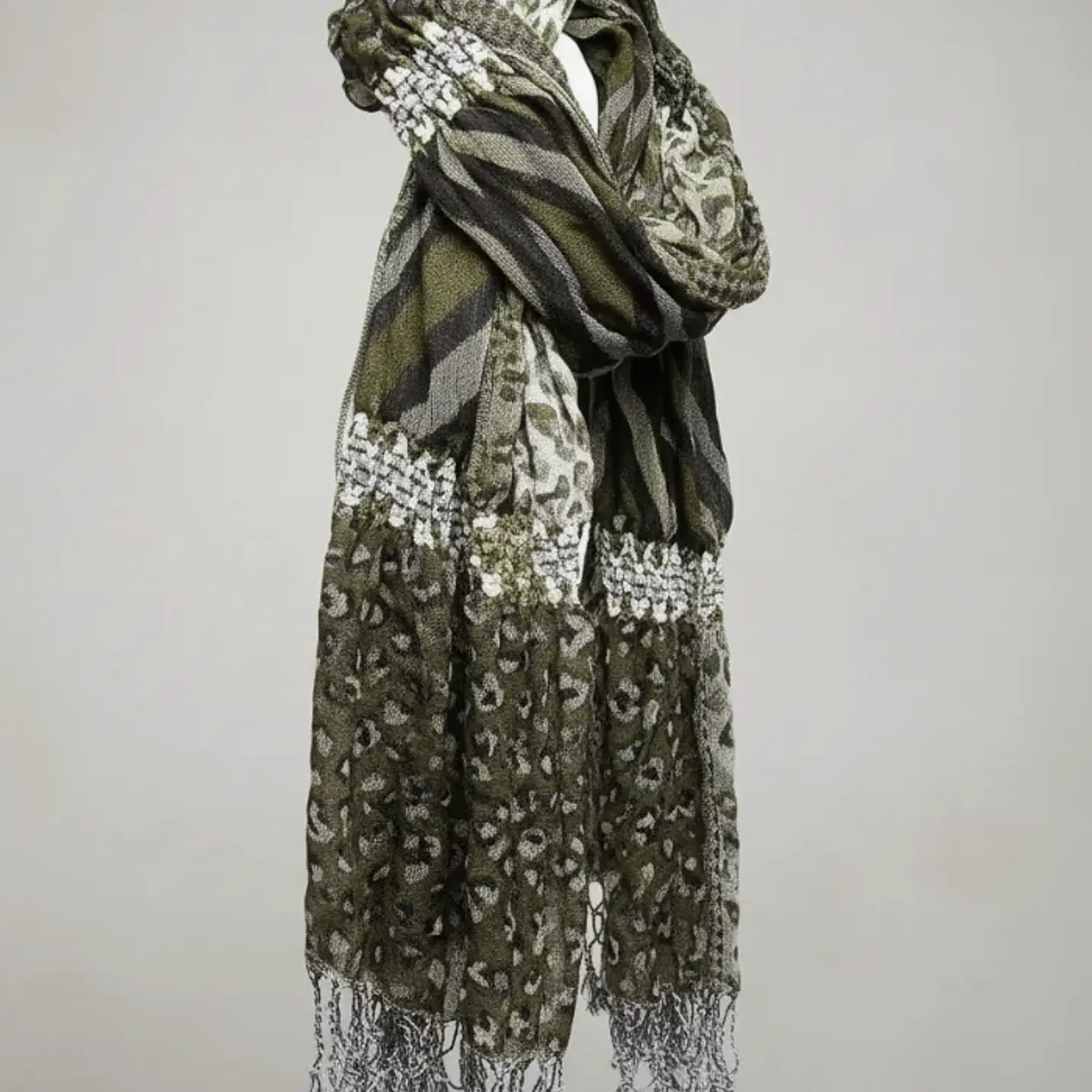 Bufanda Panuelo De Algodon Bf03  C/ Verde Gris Blanco  1 Und 8