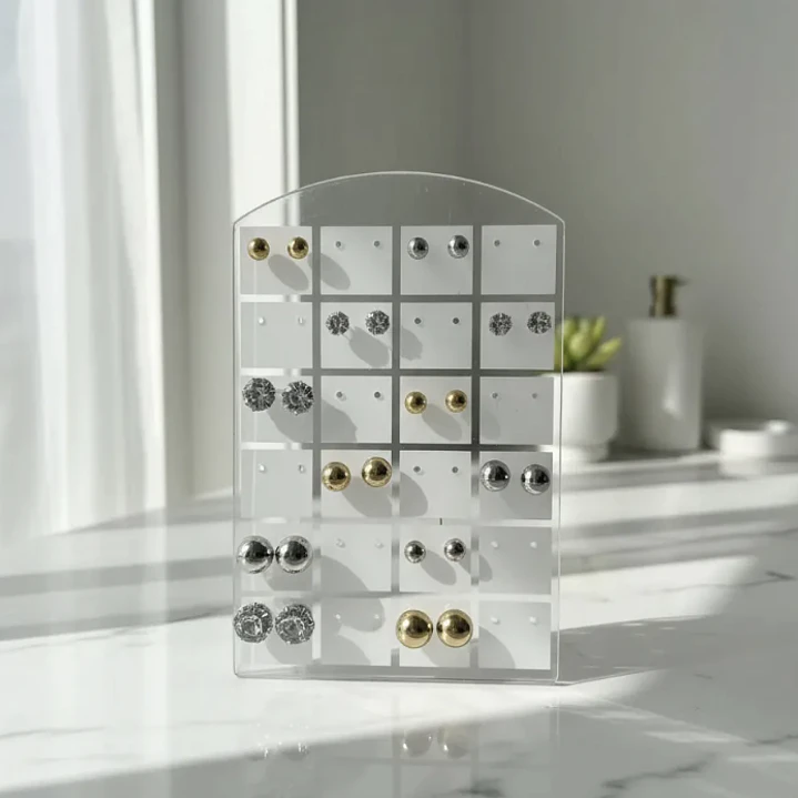 Exhibidor Aros Topitos Acrilico Transparente C/ Blanco 24 Pr 4