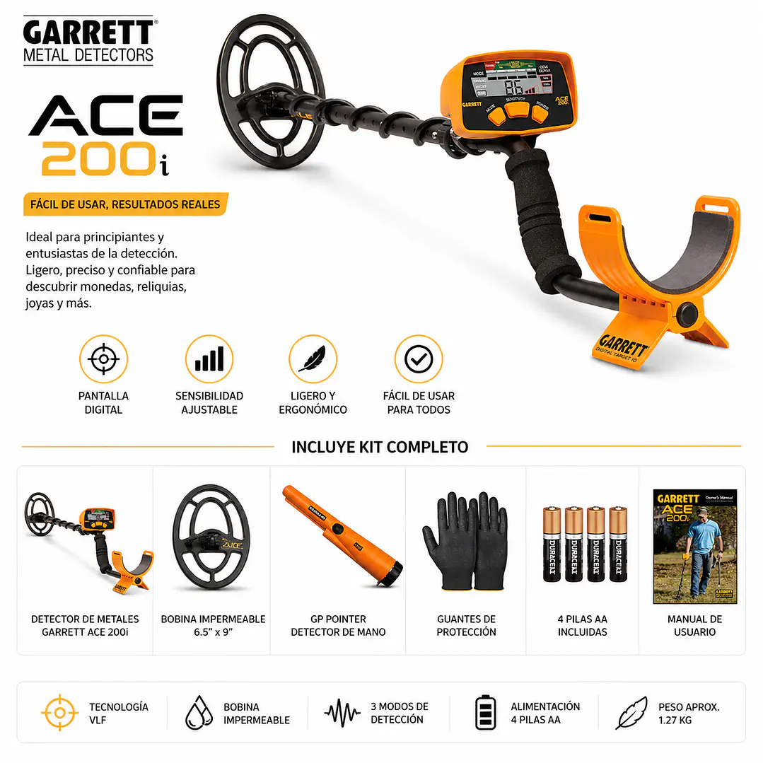 Detector de Metales Garrett ACE 200i + GP Pointer y Guantes | Kit Completo 1