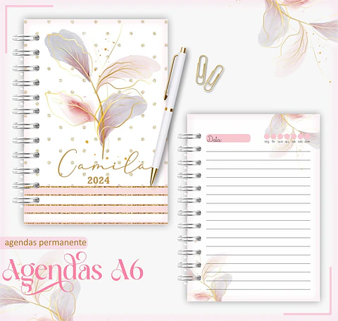 Agenda Permanente - AGENDA A6 FLOR ROSA COM DOURADO