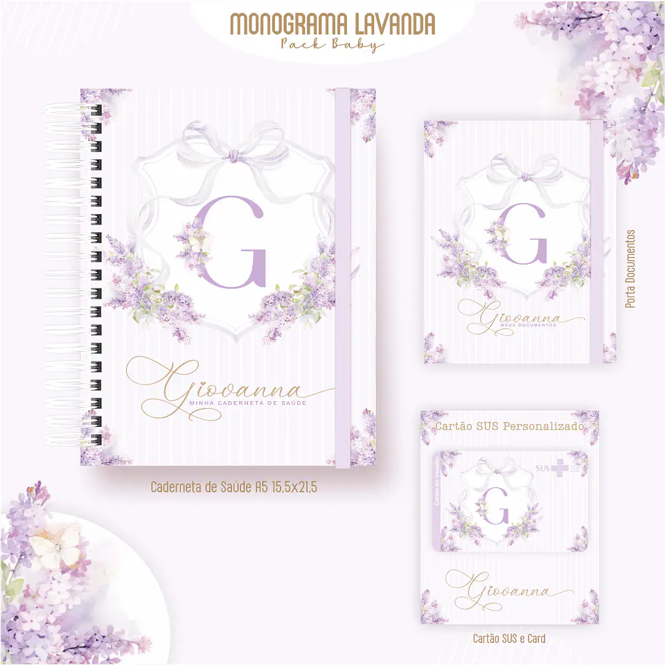 Caderneta Monograma Lavanda Arquivo Digital Livro do Bebê Kit Completo 2