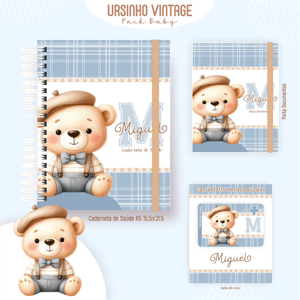 Caderneta Ursinho Vintage Arquivo Digital Livro do Bebê Kit Completo 2