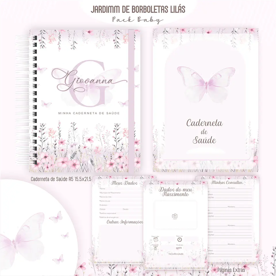 Caderneta Jardim de Borboletas Arquivo Digital Livro do Bebê Kit Completo 3