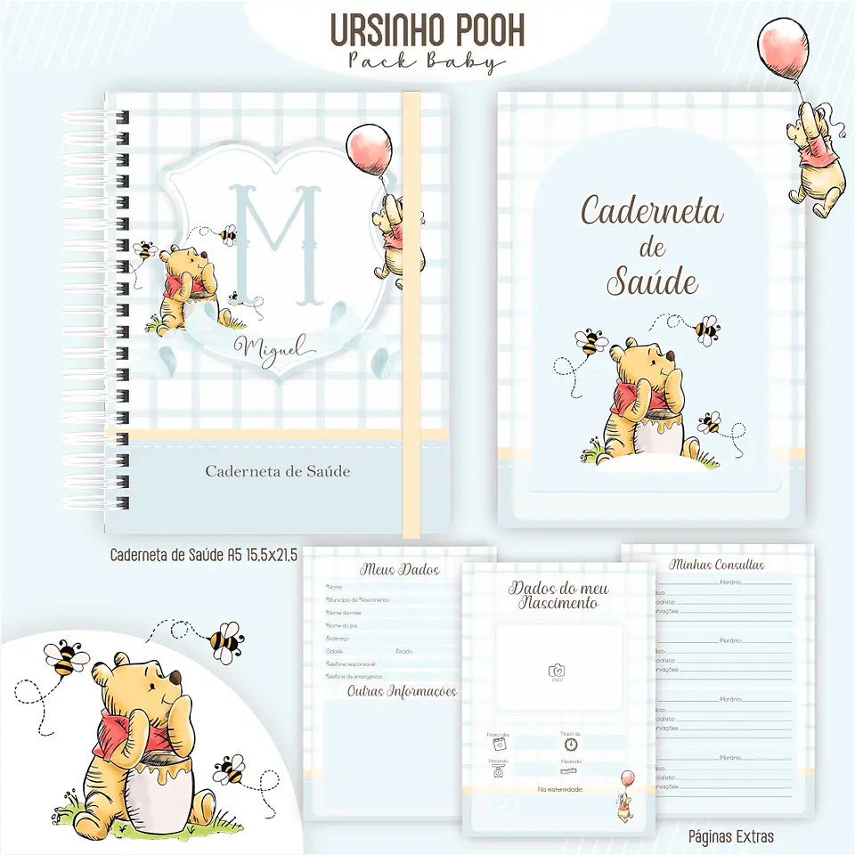 Caderneta Ursinho Pooh Arquivo Digital Livro do Bebê Kit Completo 3