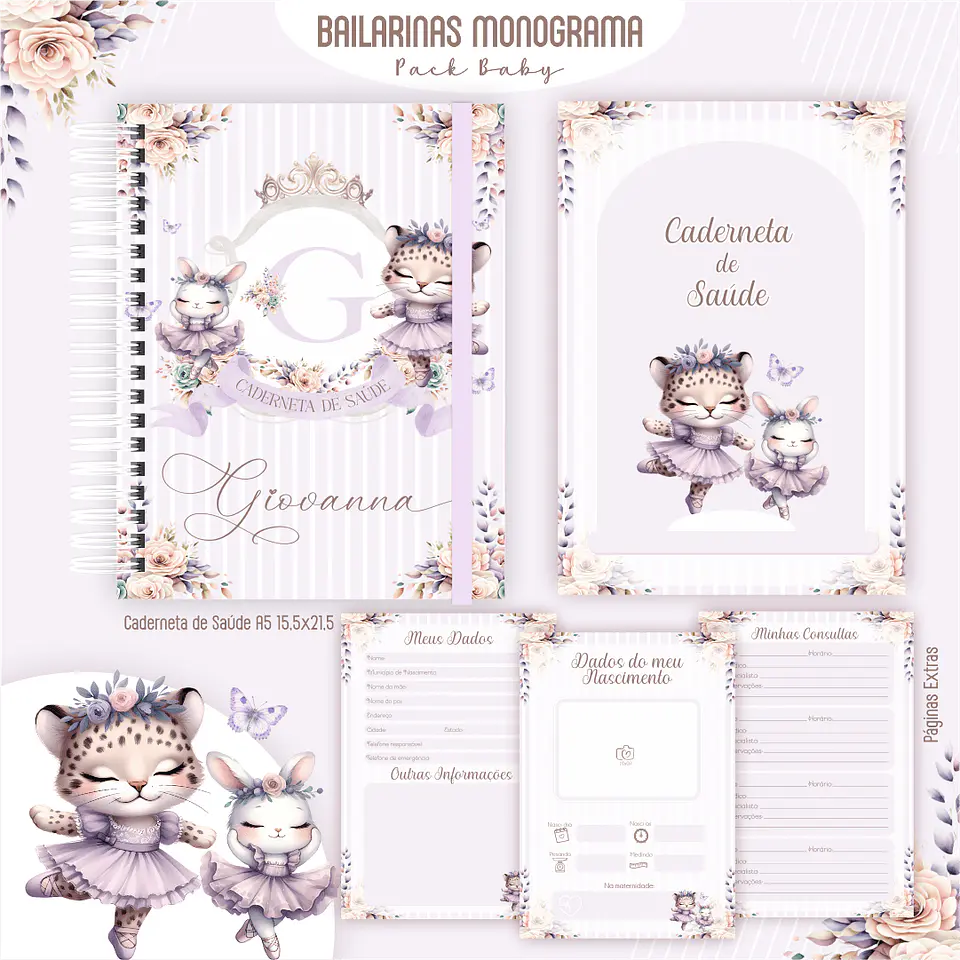 Caderneta Bailarina Monograma Alfabeto Arquivo Digital Livro do Bebê Kit Completo 3