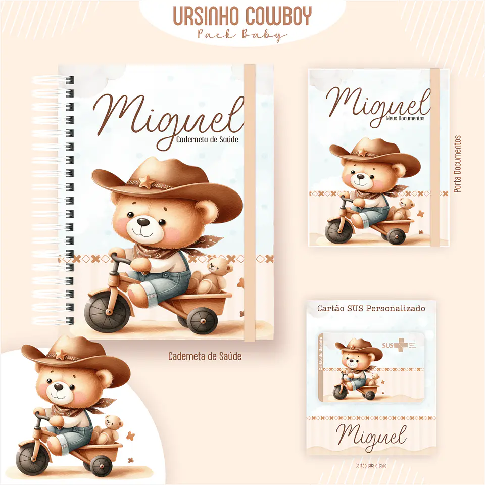 Caderneta Ursinho Cowboy Arquivo Digital Livro do Bebê Kit Completo 2