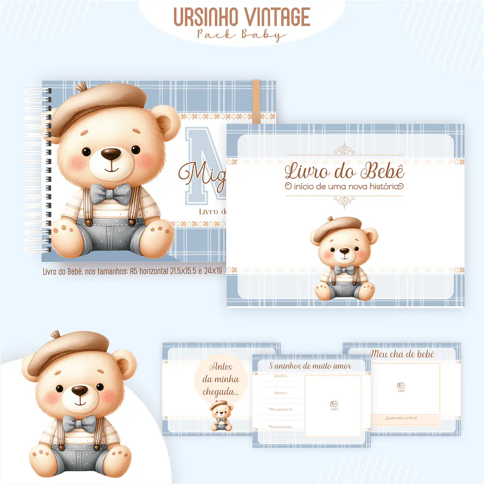 Caderneta Ursinho Vintage Arquivo Digital Livro do Bebê Kit Completo 3