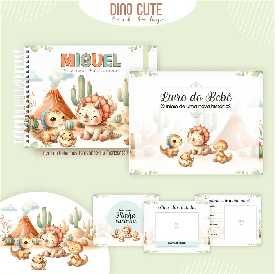 Caderneta Dino Cute Arquivo Digital Livro do Bebê Kit Completo 3