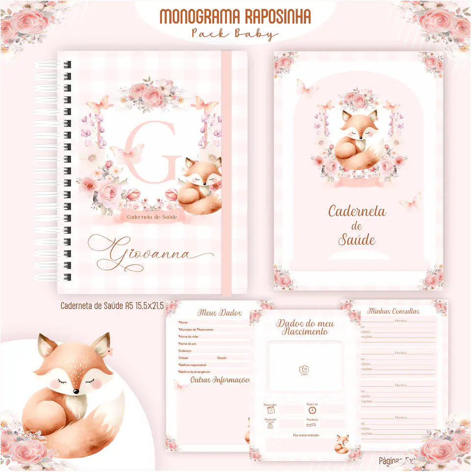 Caderneta Monograma Raposinha Alfabeto Arquivo Digital Kit Completo 3