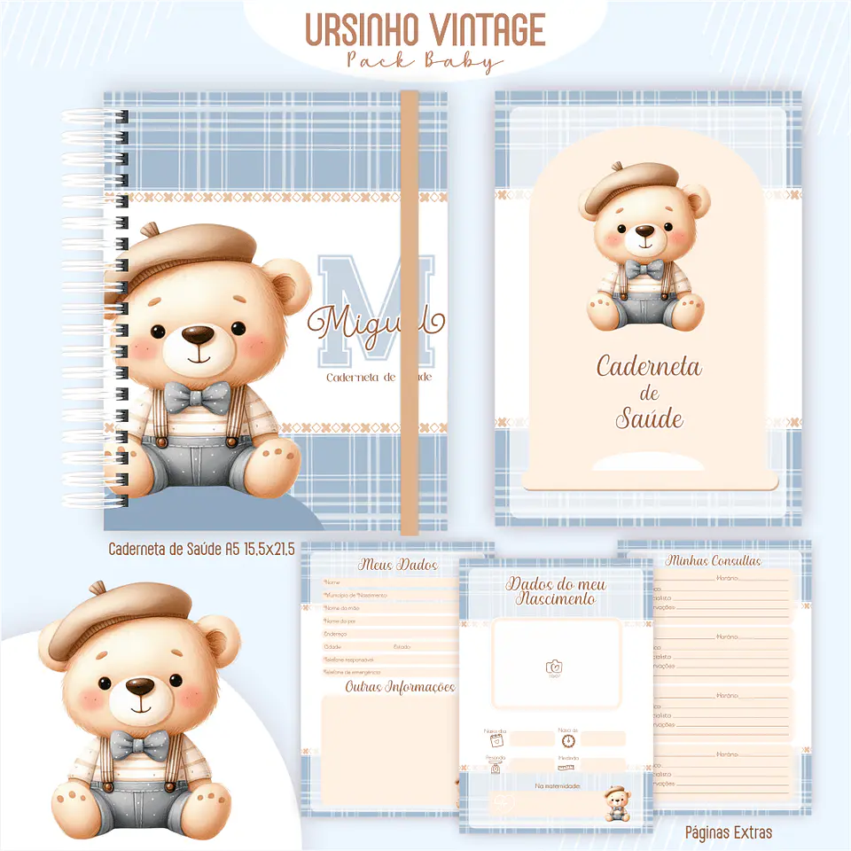 Caderneta Ursinho Vintage Arquivo Digital Livro do Bebê Kit Completo 4