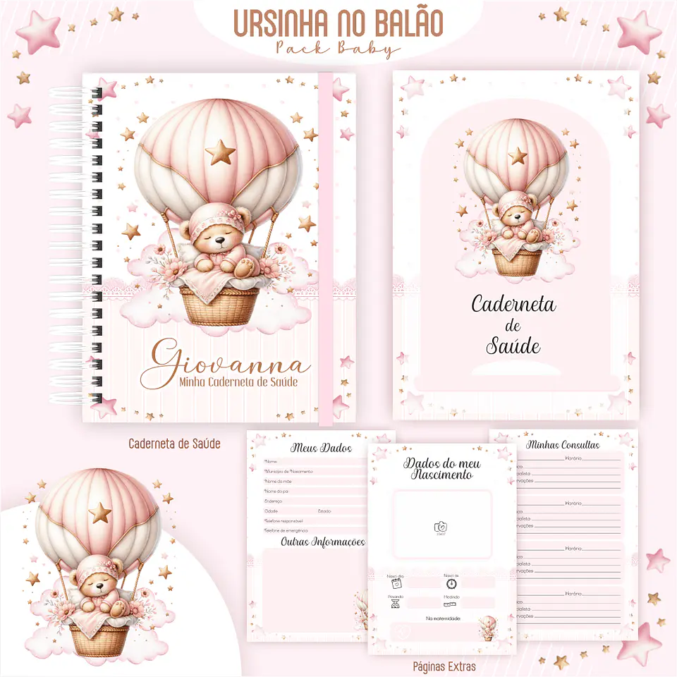 Caderneta Ursinha no Balão Arquivo Digital Livro do Bebê Kit Completo 3