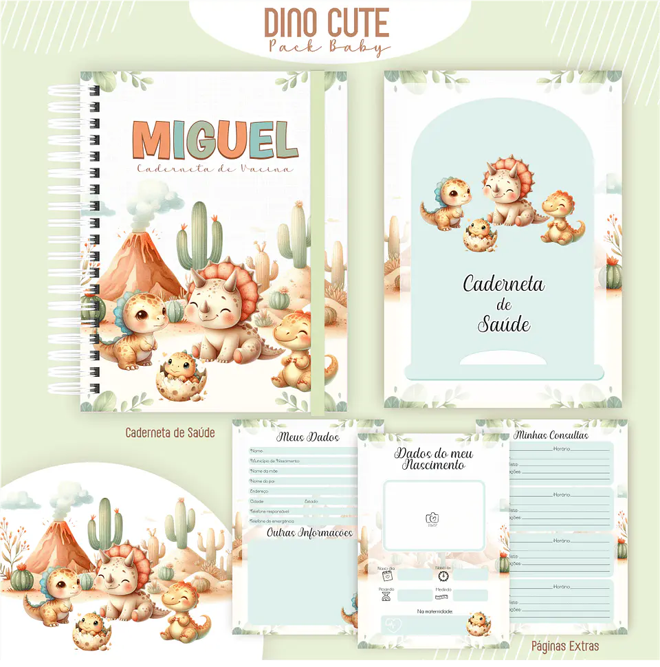 Caderneta Dino Cute Arquivo Digital Livro do Bebê Kit Completo 4