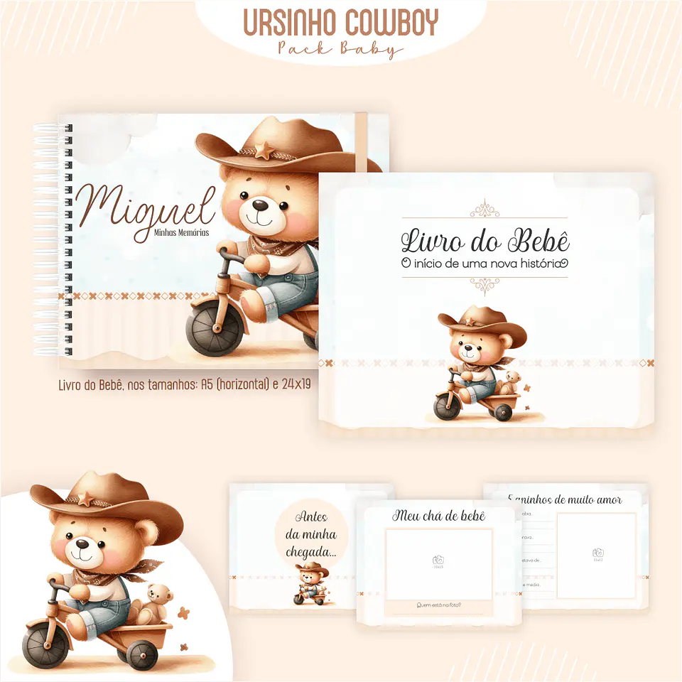 Caderneta Ursinho Cowboy Arquivo Digital Livro do Bebê Kit Completo 4