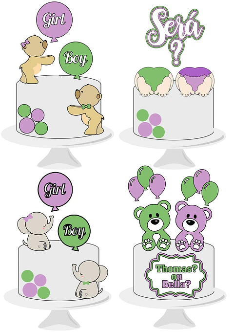 Chá Revelação Lilás e Verde - 4 Topos de Bolo digital