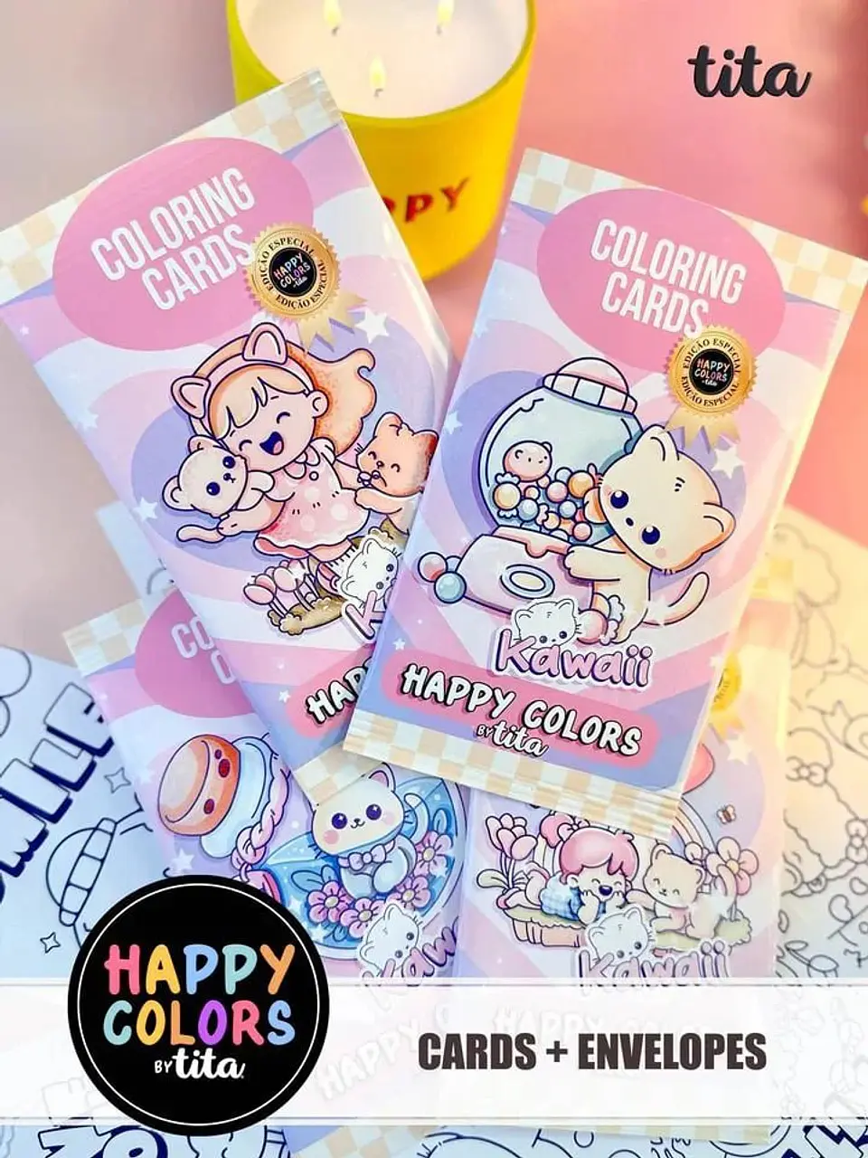 Arquivo Digital Colorindo Cards + Envelopes Kawaii 1