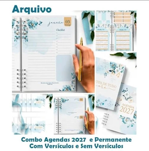 COMBO 8 AGENDAS 2027 E PERMANENTE COM VERSÍCULOS E SEM VERSÍCULOS FLORAL AZUL