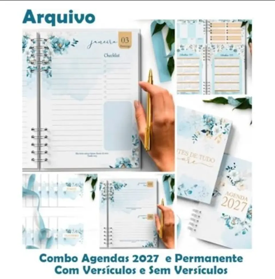 COMBO 8 AGENDAS 2027 E PERMANENTE COM VERSÍCULOS E SEM VERSÍCULOS FLORAL AZUL 1