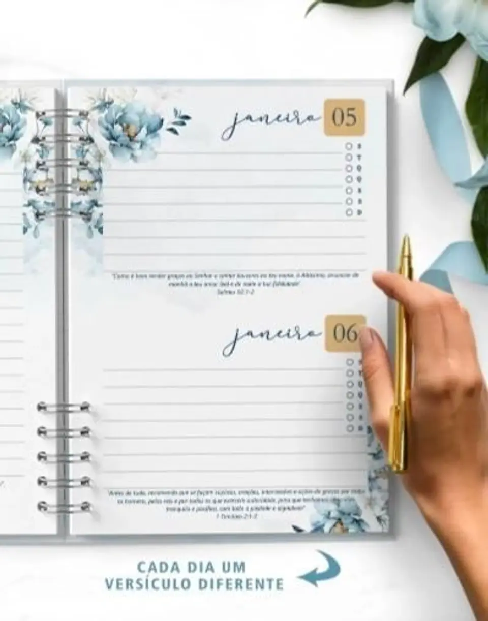 COMBO 8 AGENDAS 2027 E PERMANENTE COM VERSÍCULOS E SEM VERSÍCULOS FLORAL AZUL 2