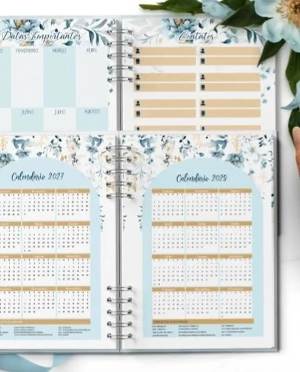 COMBO 8 AGENDAS 2027 E PERMANENTE COM VERSÍCULOS E SEM VERSÍCULOS FLORAL AZUL 9