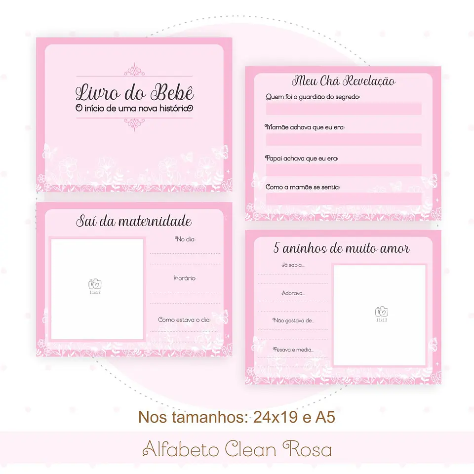 Caderneta e Livro do bebe Alfabeto Clean Borboleta Rosa 13
