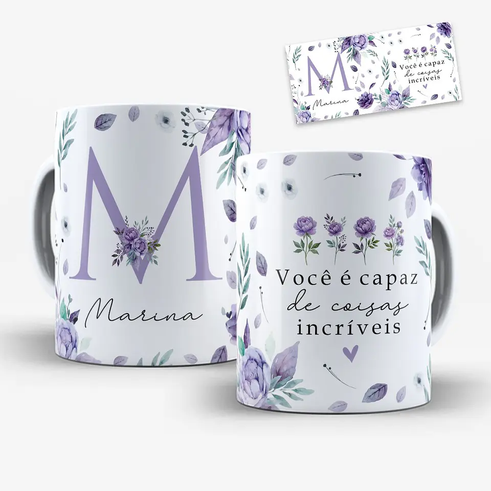 Arquivo Digital Arte Caneca Alfabeto Floral Lilás 6