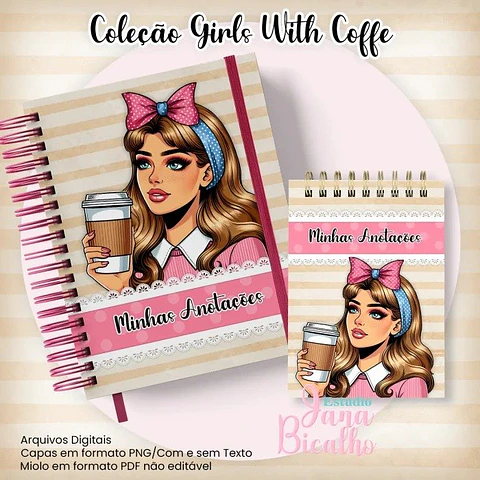 Arquivo Digital Caderno Pautado A5+Bloquinho A6 Coleção Girls With Coffe N4