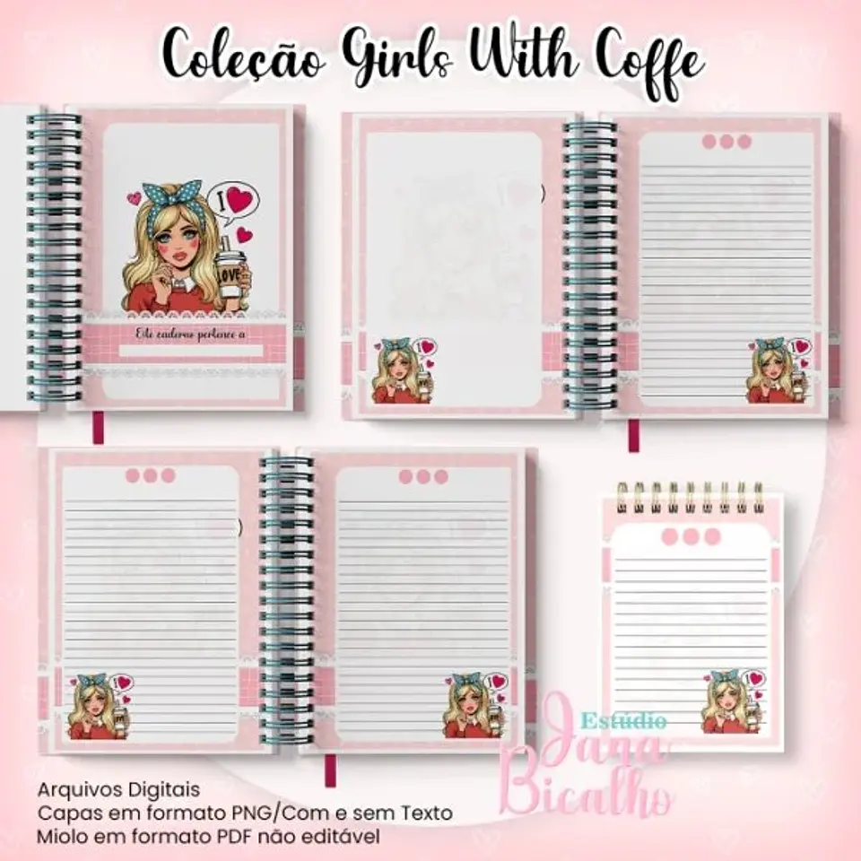 Arquivo Digital Caderno Pautado A5+Bloquinho A6 Coleção Girls With Coffe N2 2