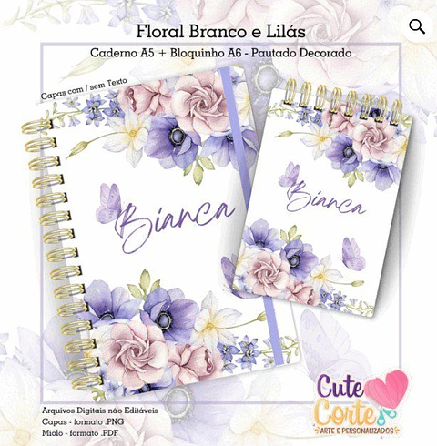 Arquivo Digital Caderno + Bloquinho - Floral Branco e Lilas