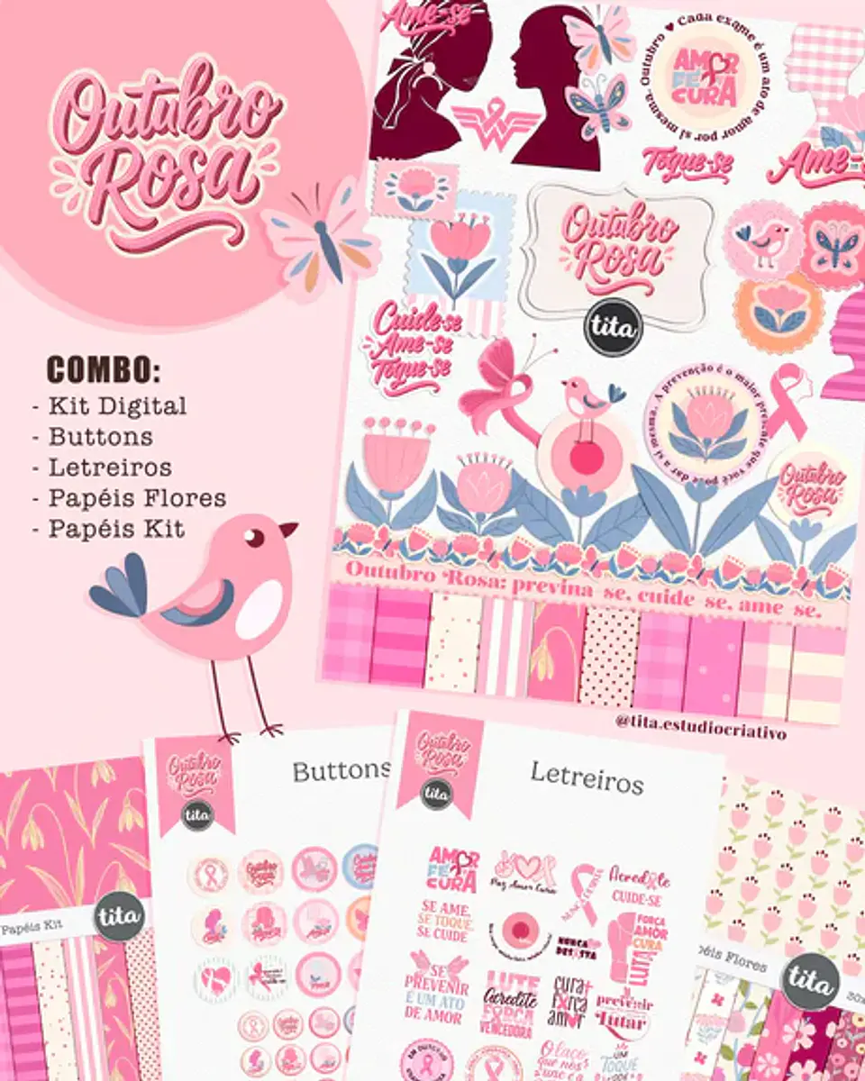 Arquivo Digital Combo Ilustrações e Papéis Outubro Rosa 2025 1