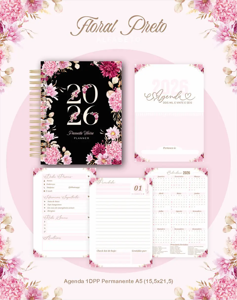 Arquivo Digital Planners e Agendas 2026 Floral Preto 2