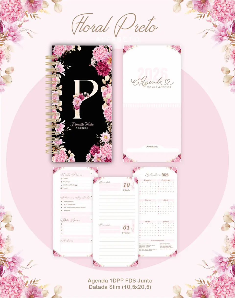 Arquivo Digital Planners e Agendas 2026 Floral Preto 3