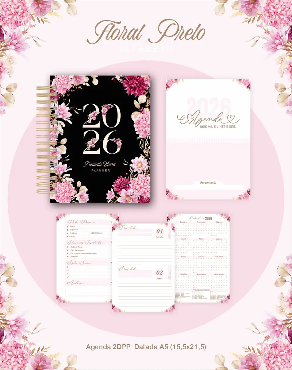 Arquivo Digital Planners e Agendas 2026 Floral Preto 4