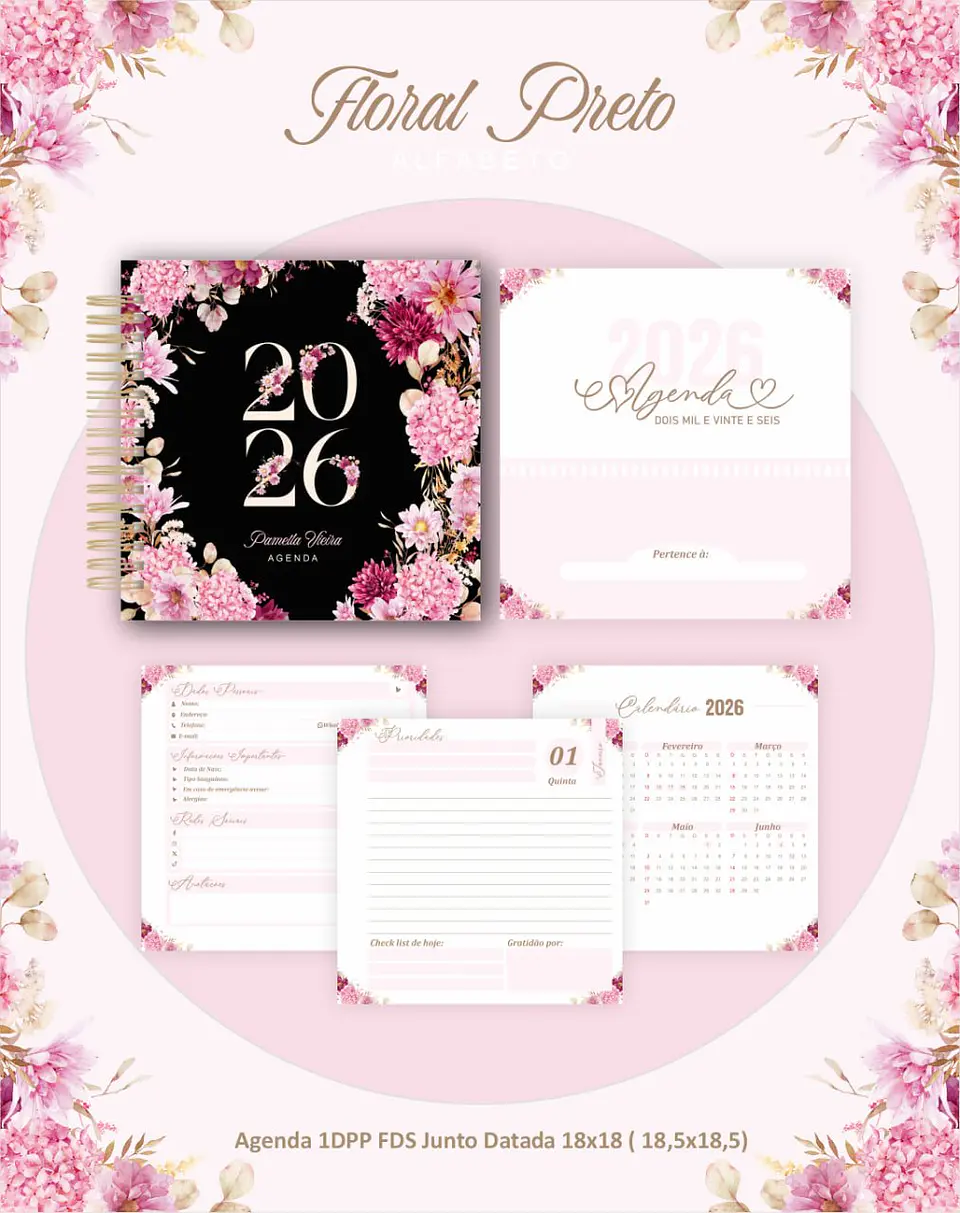 Arquivo Digital Planners e Agendas 2026 Floral Preto 6