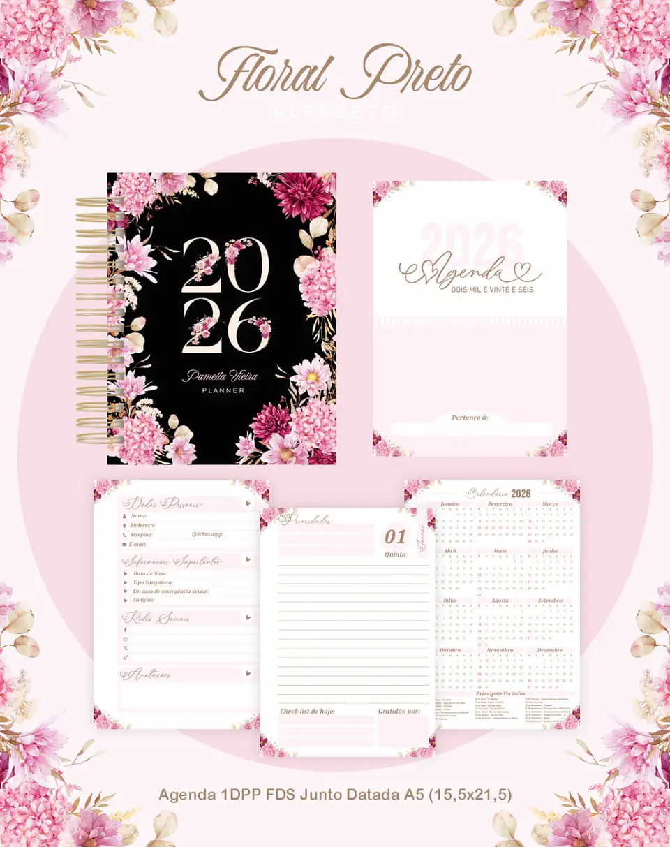 Arquivo Digital Planners e Agendas 2026 Floral Preto 7