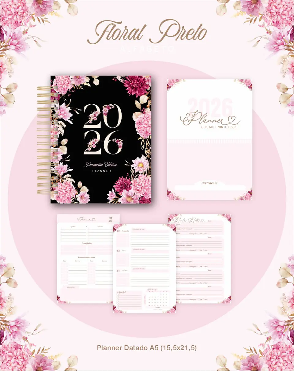 Arquivo Digital Planners e Agendas 2026 Floral Preto 8