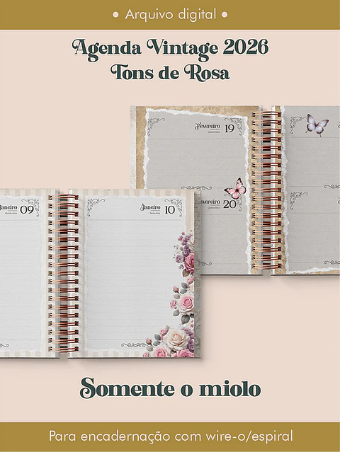 Arquivo Digital Agenda Vintage 2026 Tons de Rosa Wireo/Espiral