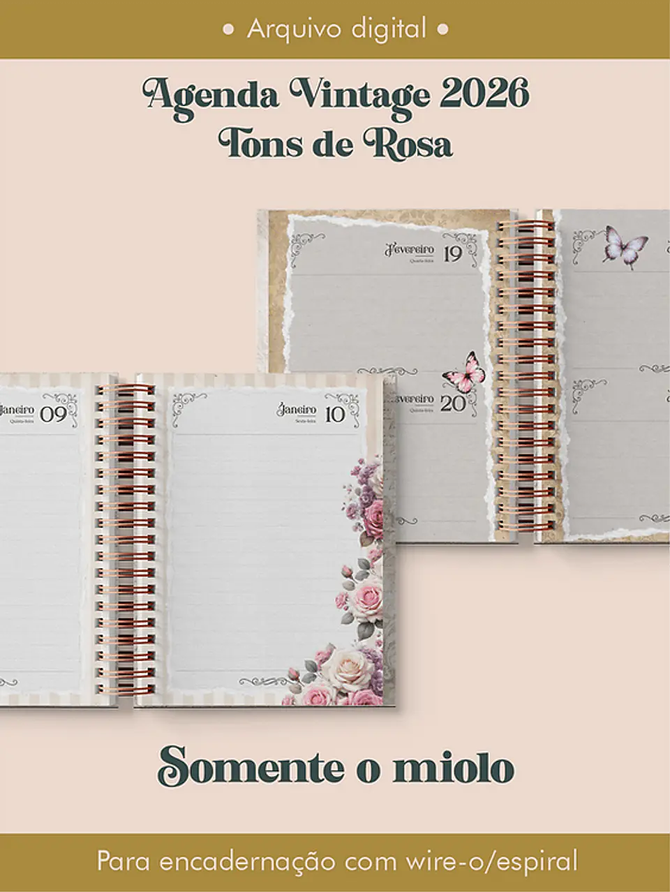 Arquivo Digital Agenda Vintage 2026 Tons de Rosa Wireo/Espiral 1